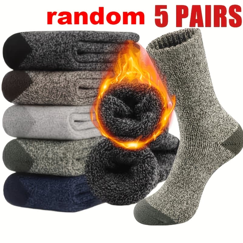 TEMU Random 3/5 Pairs Of Colors Men's Thick Warm Winter Socks, Soft Comfortable Knit Round Socks, Suitable For Cold Weather