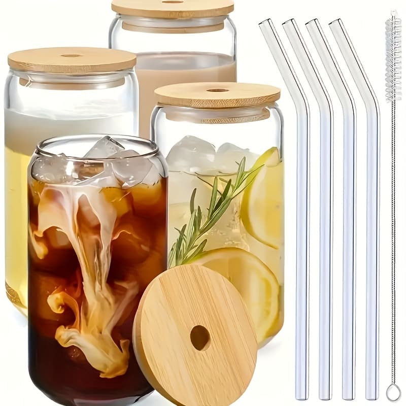 TEMU 4/6pcs, Glass Cup, 18.7oz/550ml Glass With Lid And Straw, Mason Jar Water Cup, Iced Coffee Cup, Glass Cup With Lid