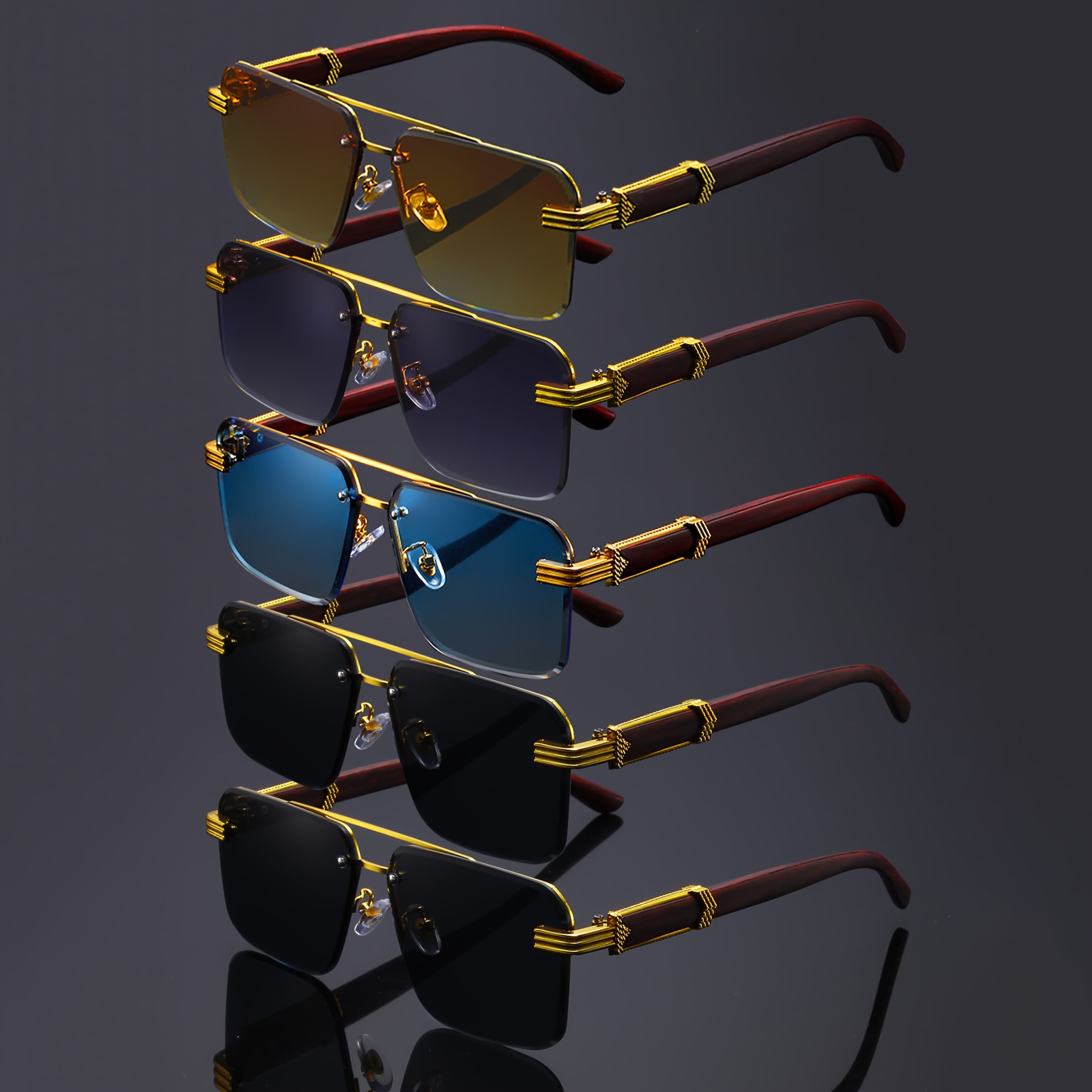 TEMU 5 Pack Double Bridge Rimless Glasses - Unisex Wooden Temple Lightweight Polycarbonate, Stylish Statement Eyewear For Parties &