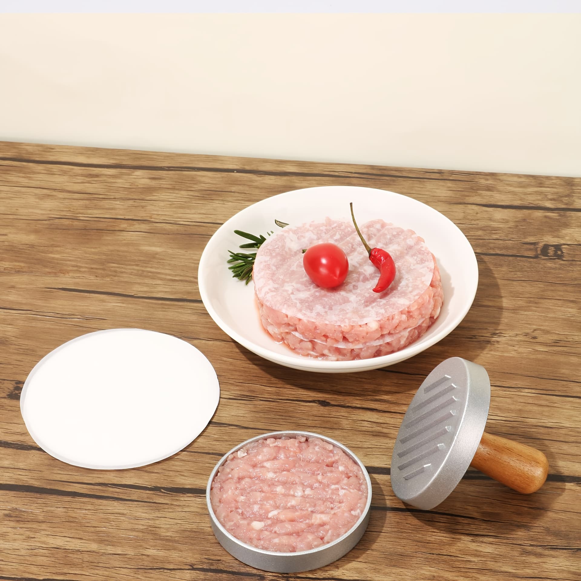 TEMU Aluminum Alloy Hamburger Press Making Machine, With 100pcs Of Wax-suitable For Barbecue And Outdoor Cooking, Durable Wooden Handle, Easy To Clean And Fashionable Barbecue Accessories.