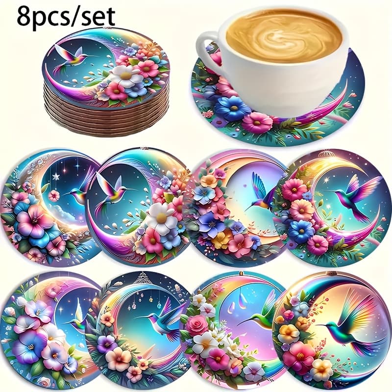 TEMU A Set Of 8 Wooden Coasters The Theme Of And The Moon - Round Heat-resistant Drink Mats, Suitable For Decoration, A Perfect Gift, Hand Wash Only, An For Christmas And Valentine's Day Gifts
