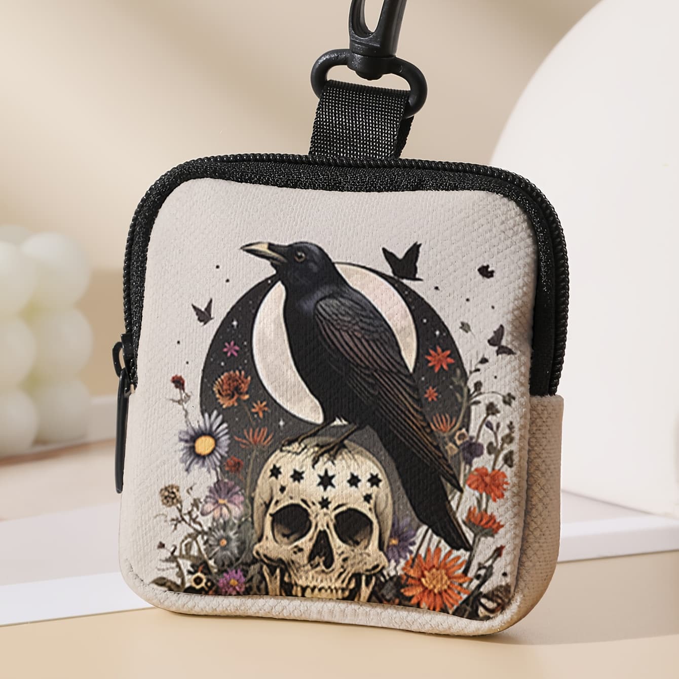 TEMU Gothic Crow Skull Large Capacity Coin Purse - Multifunctional Key & Card Holder, Durable Polyester, Zip Closure - Perfect Gift For Women