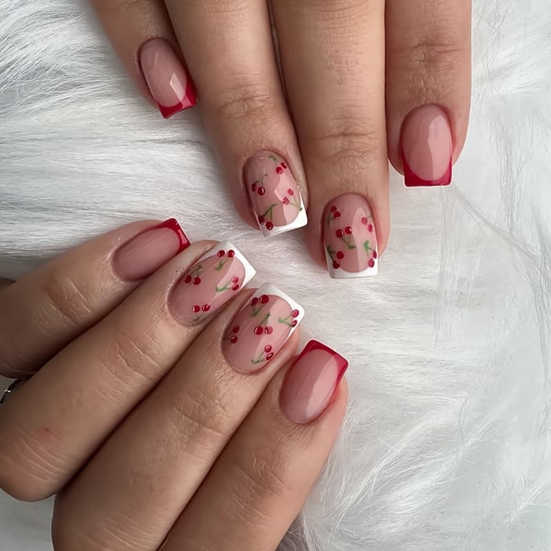 TEMU 24 French Short Square Cherry Press Fake Nails