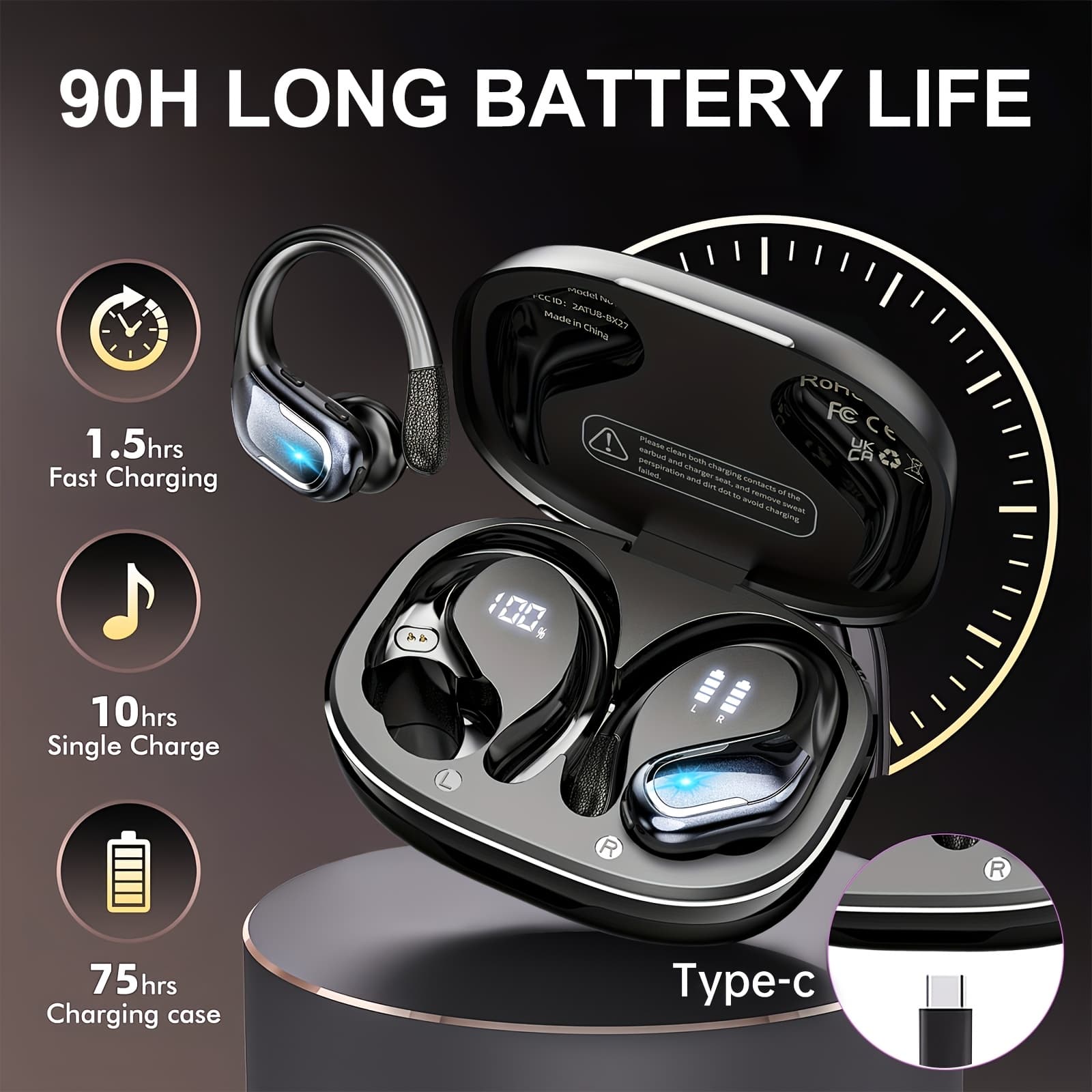 TEMU Lifebee Wireless Earbuds For Running Sports, Noise Cancelling Headset Built-in Microphone, Wireless Earphones With Earhooks Pure Sound, Over Ear Headphones With Dual-led Display thumbnail 2