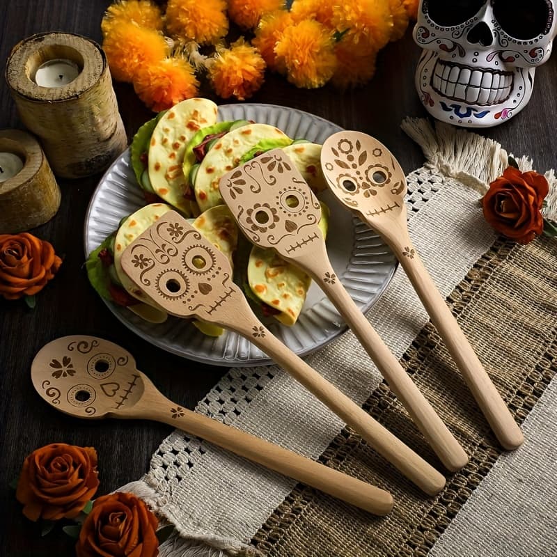 TEMU 4pcs Bamboo/ Dia De Los Muertos () Spoon Set - Marigold & Cross Patterns, Wood Spatulas & Spoons For S,, Housewarming Gifts, Mexican Tableware Decor
