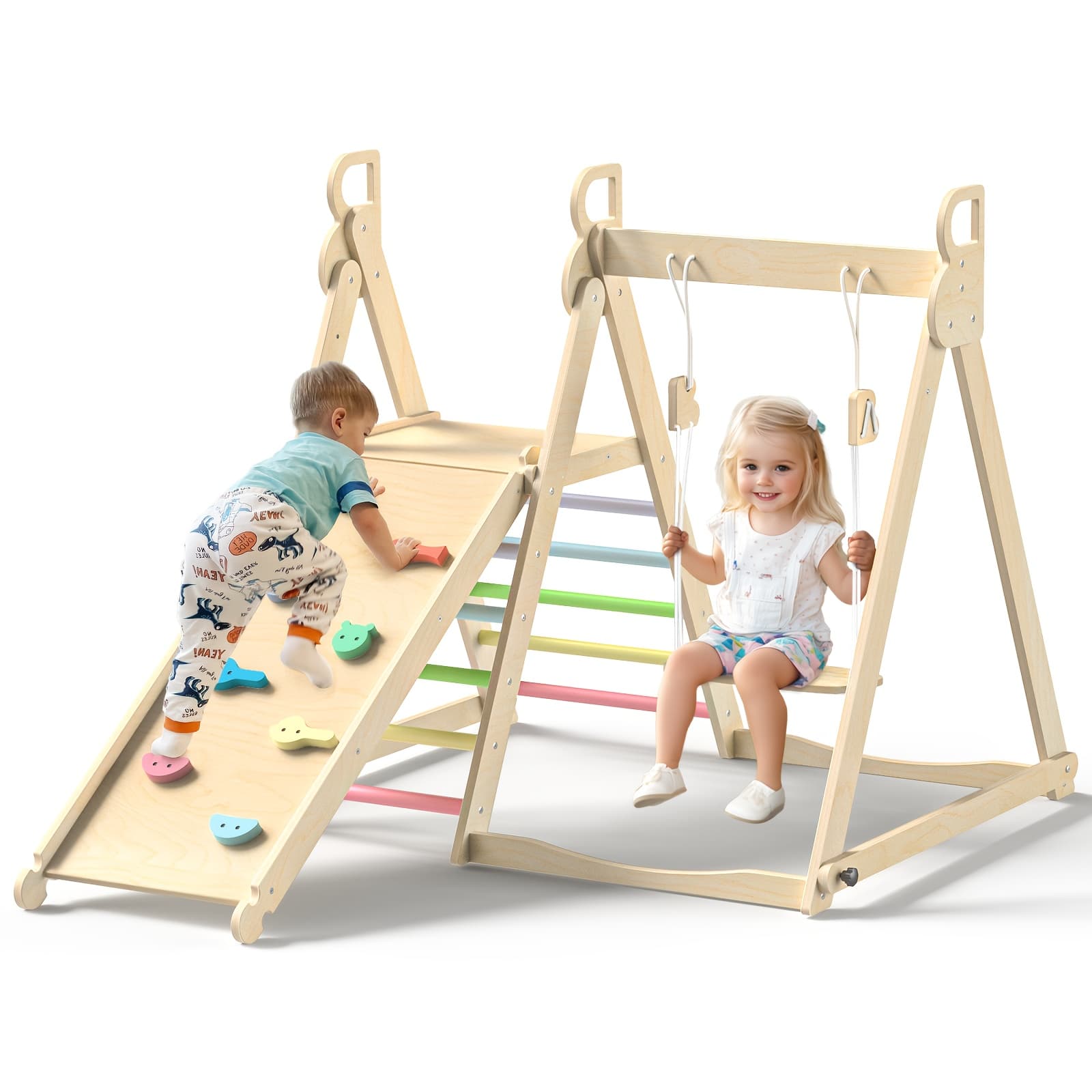 TEMU Foldable Indoor For Toddlers Wooden Climbing Set With Slide, Swing, Ladder, Toddler Playground Playset For Kids 18m+, Cognitive Development, Coordination (rainbow, Blue).