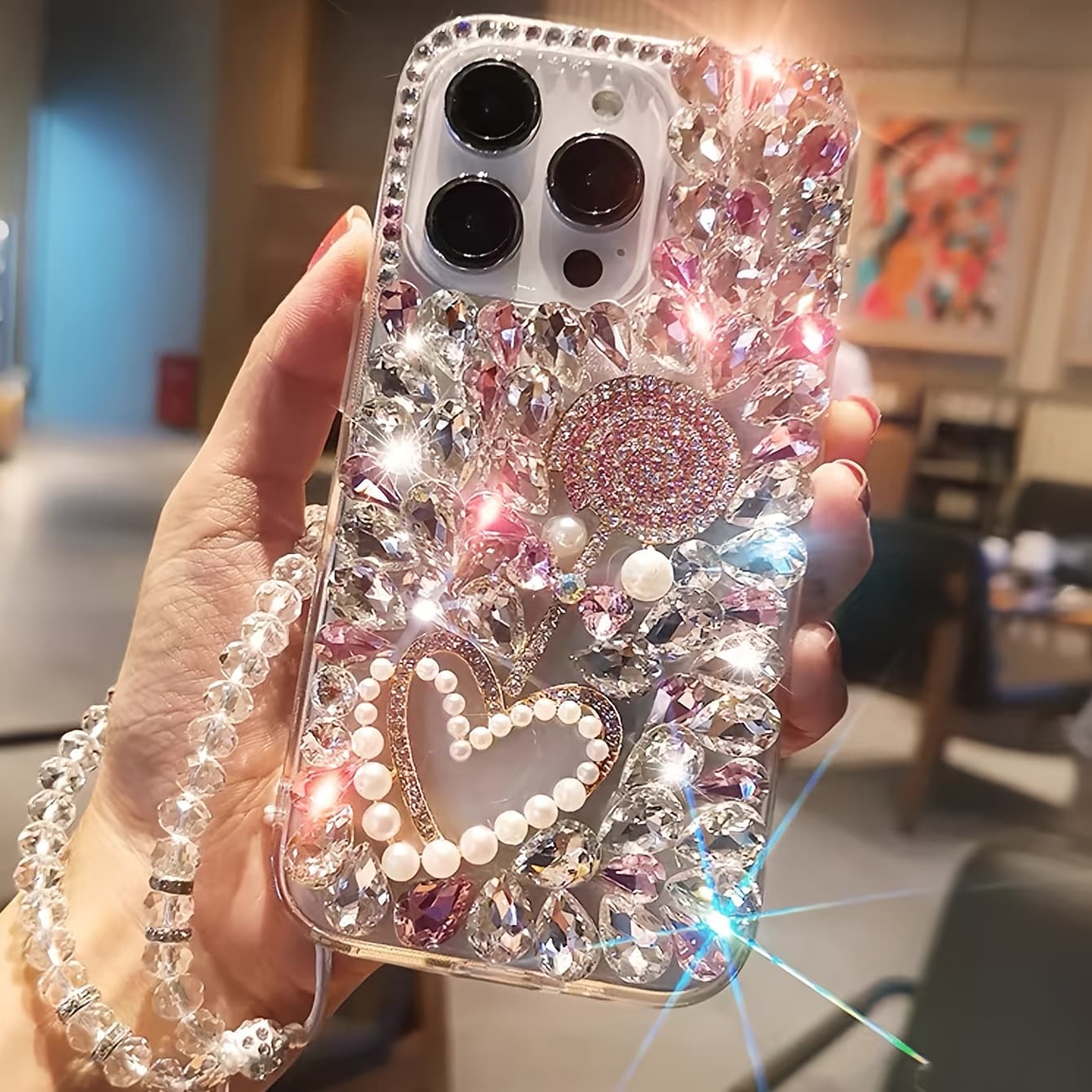 TEMU Phone Case: Hardware Lollipop Drop-proof Phone Case With Crystal Lanyard, Suitable For Iphone