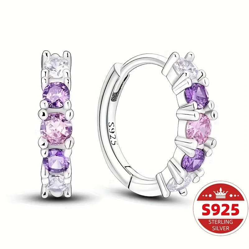TEMU 925 Sterling Silvery Hoop Earrings - Colorful Cz, Luxury Gift For Women, Perfect For Vacation, Anniversary, Party