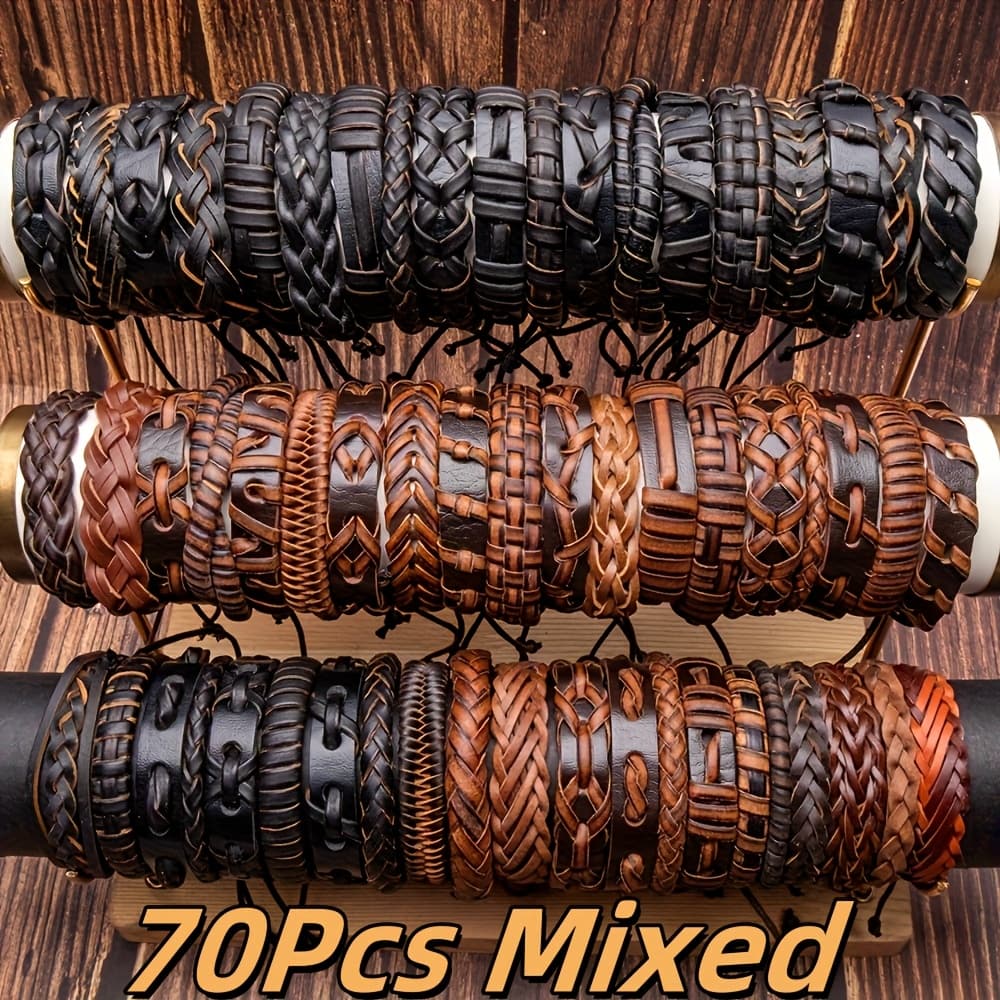 TEMU 40/70pcs Vintage Mixed Color Hand Woven Pu Leather Bracelet Set - With Adjustable Design, Suitable For Daily Wear, Holiday Parties, Gift For Random