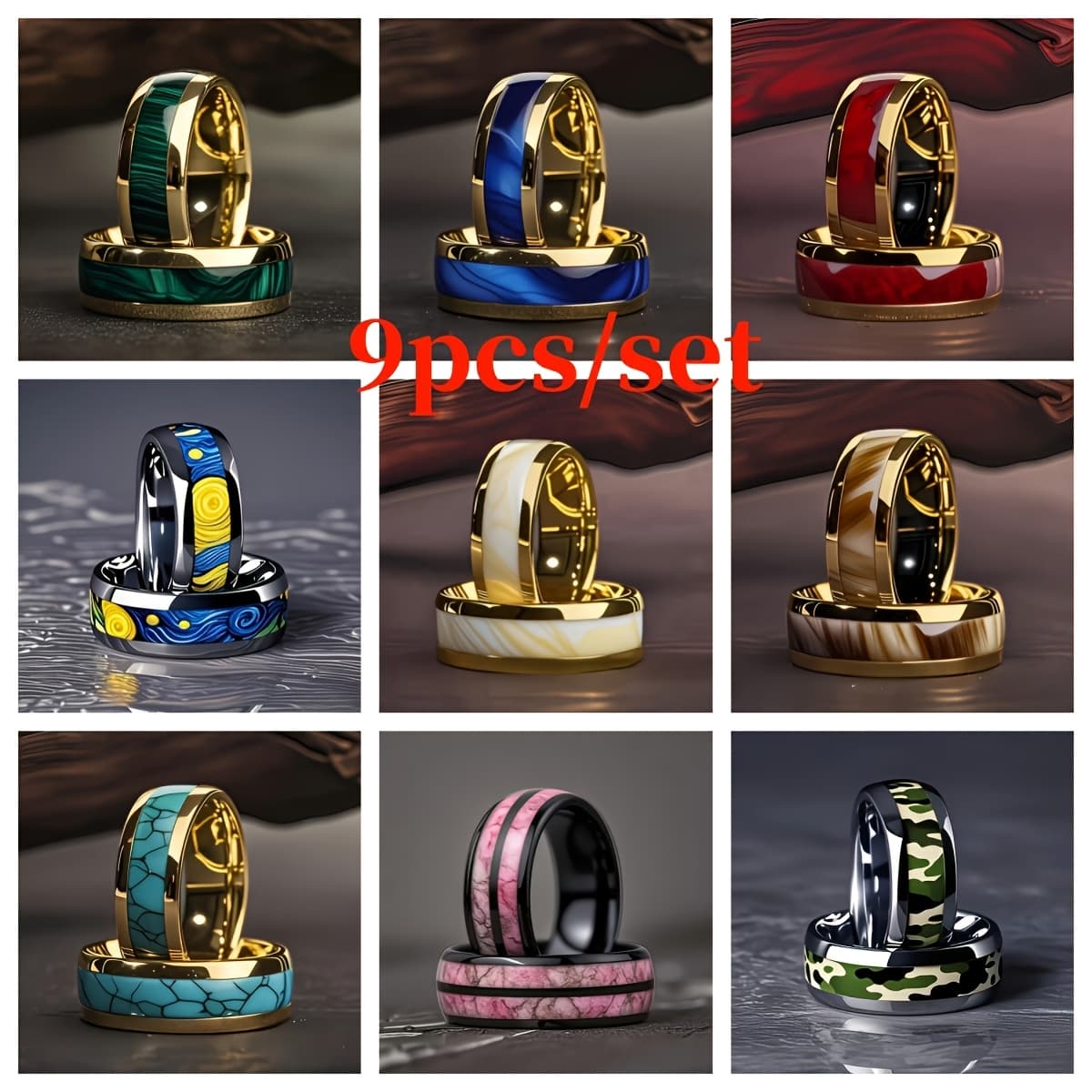 TEMU 9pcs Per Set For Men And Women, 9 Different Styles Of Couple Wedding Engagement Rings, Family Attire, Suitable For Wearing Jewelry On Any Occasion, Wedding Engagement Party Anniversary Jewelry