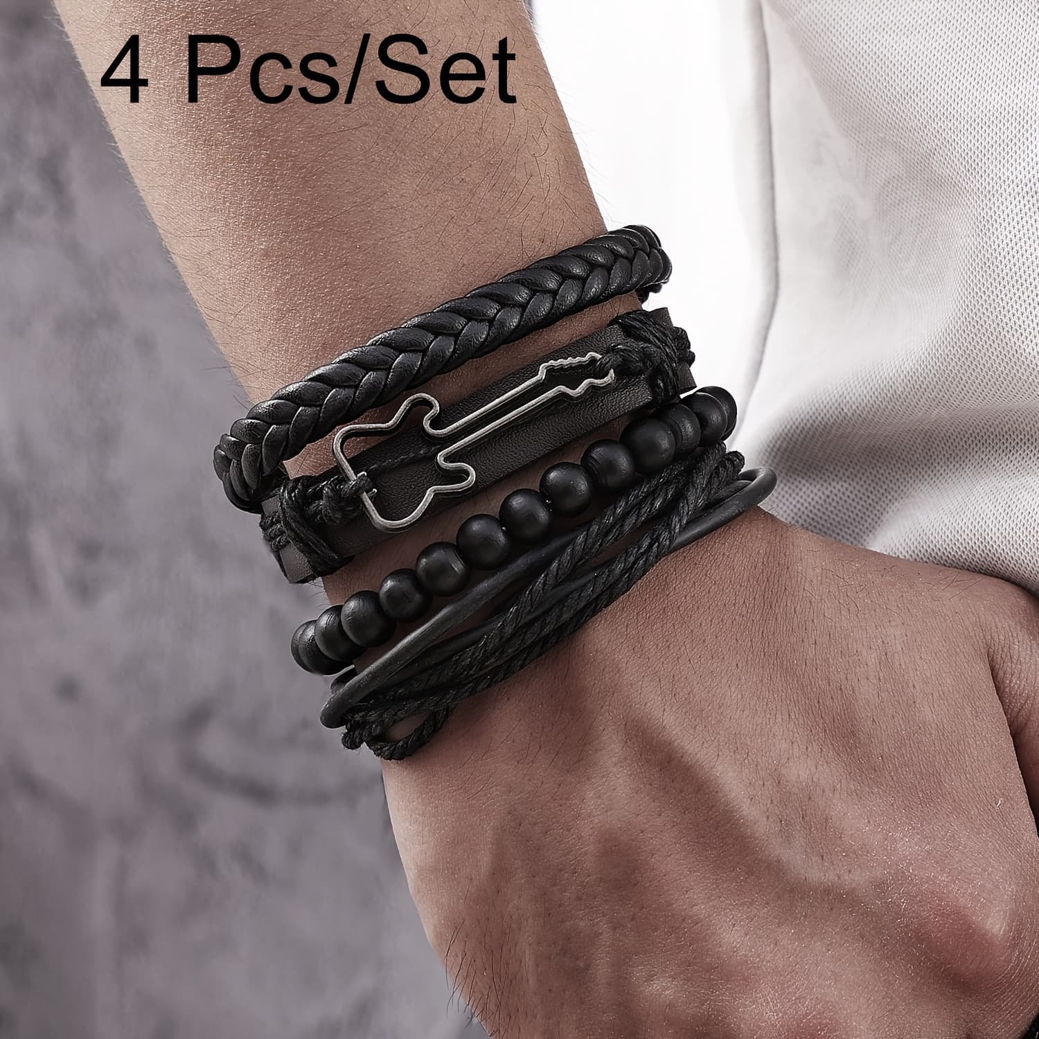 TEMU Guitar Faux Leather Adjustable Bangle Bangle Bracelet Street Style Woven Bangle Bangle Bracelet Set Men' Party Trendy Jewelry