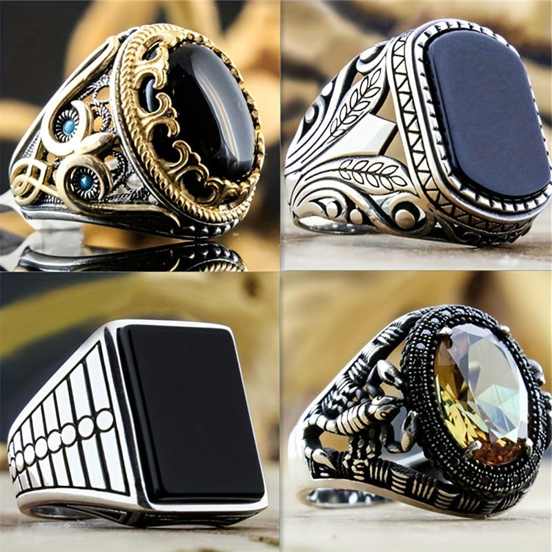 TEMU 4pcs Of European And American Patterned Black Colored Synthetic Zircon​ Rings With Multiple Styles To Match, Making Them For