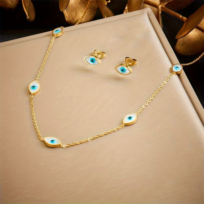 TEMU Women's Jewelry Set Stainless Steel Necklace Earrings Eye Pendant Women's Fashion Trendy Jewelry