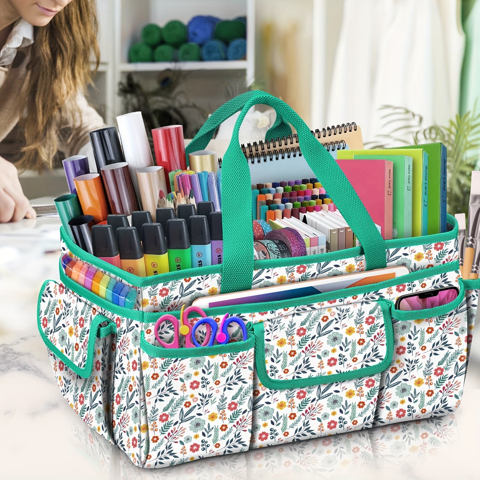 TEMU 1pc Large Floral Craft Storage Tote Bag With Multiple Pockets - Portable Organizer For Sewing, Art Supplies, Scrapbooking - Durable Polyester, Handle Included (bag Only), Sewing Storage