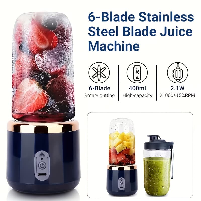 TEMU Multi Functional Portable Juicer, 2-in-1 Fruit Blender And Juicer, With 6 , Usb Rechargeable Juicer Cup, Fresh , Dual Cup Design, Suitable For And Chilled Drinks - For Home, Kitchen, And Travel
