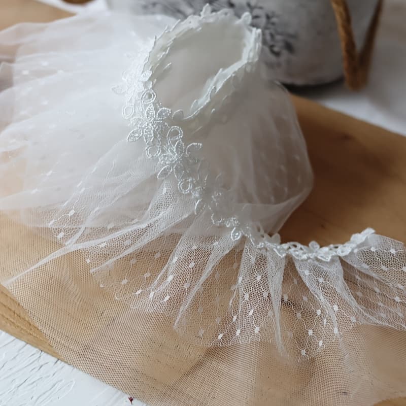 TEMU 5.12in/13cm Wide White Water Soluble Lace Trim Auxiliary Material Double-layer Mesh Ruched Material Cloth, Skirt Trim, Additions, Handcrafts,