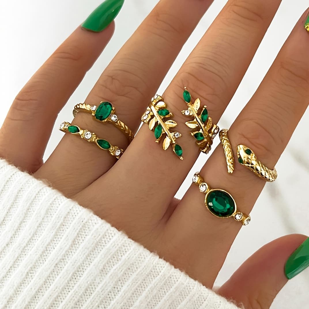 TEMU 5pcs Pack Women's Vintage Ring Suite - - Snake Leaf & Leaf Motif Rings Suitable For Weddings, Parties, Festival - Elegant Gift Ring
