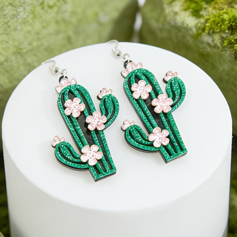 TEMU 1 Pair Of 2pcs Cactus Acrylic Earrings | Party Accessories For Women | Alloy Hooks | Suitable For Daily Wear And Gifting | Fashionable, Quirky Earrings
