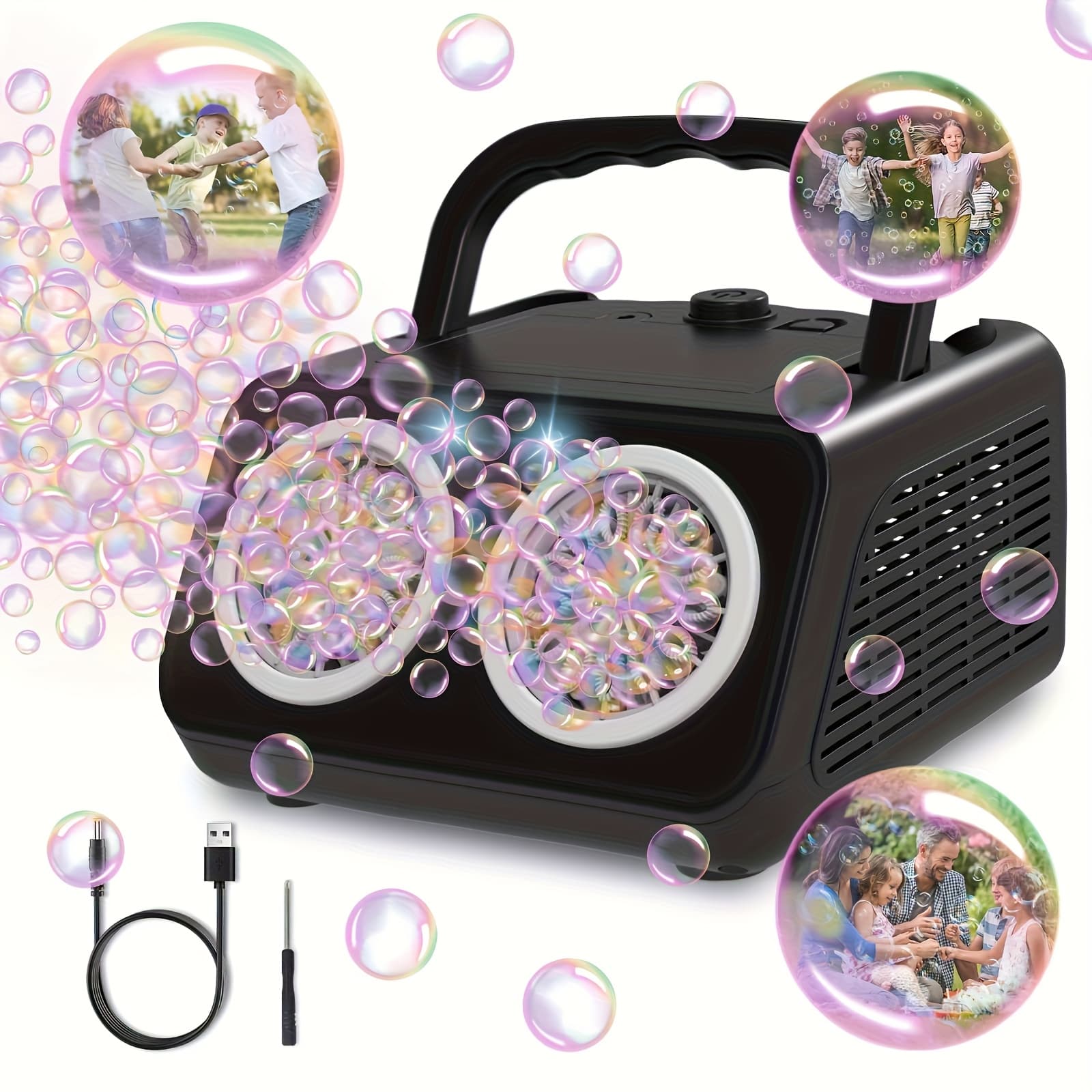 TEMU Automatic Bubble Machine, Bubble Blower With 2 Fans 20000+bubbles Per/min, Electric Bubble Toddlers, Operated By Batteries, Includes Bubble Solution, Bubble Toys For Outdoor.