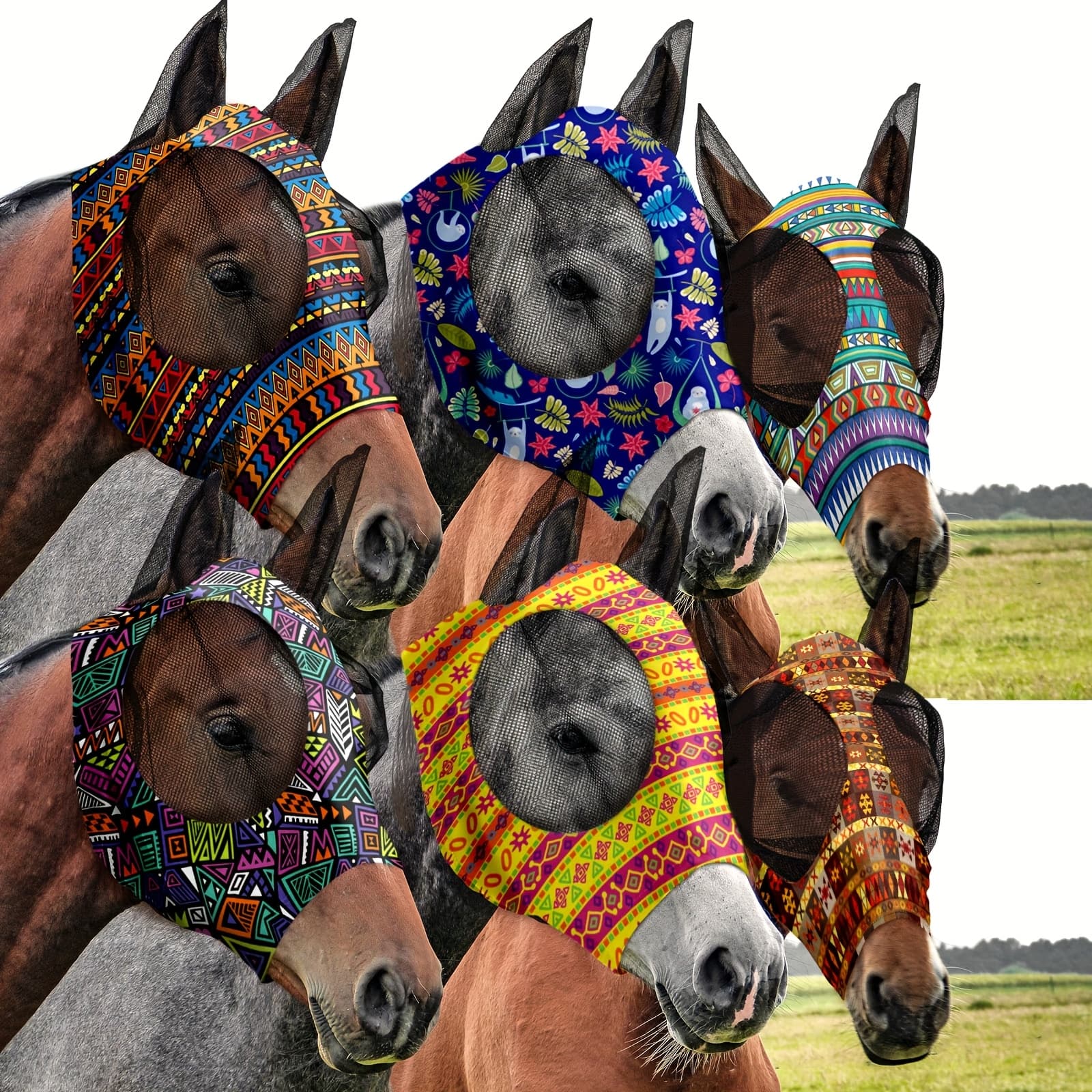 TEMU 6pcs Horse Fly Masks For Horses With Ears Smooth And Comfortable Fly Masks Fly Mask Horse Face Mask Horse Masks Covering For Horses Riding Supplies (medium, Geometric)