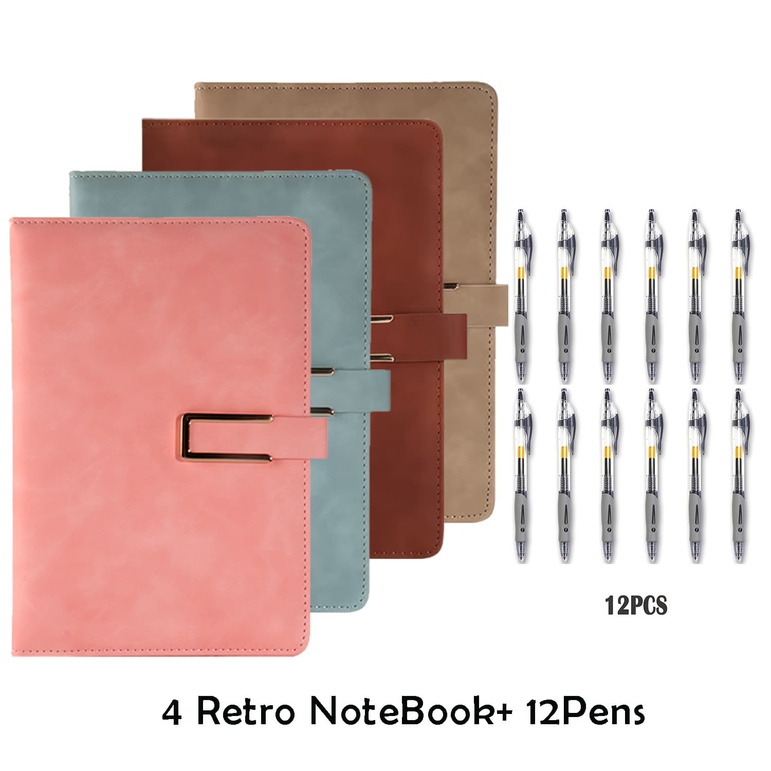 TEMU 16pcs ( 4pcs Leather Hardcover Notebook & 12pcs Pens), A5 200 Pages Lined Notebook Journals, 80 Gsm Thick Durable Paper For Work Office, Back To School, Christmas New Year Birthday Gift