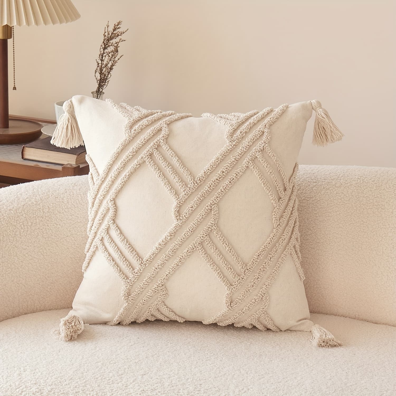 TEMU 1pc, Natural Linen Pillowcase, Geometic Pillowcase With Tassel Decoration, Single Side Tufted Embroidery, 17.7*17.7inch, Suitable For Sofa, Living Room, Bedroom Home Decoration, No Pillow Core