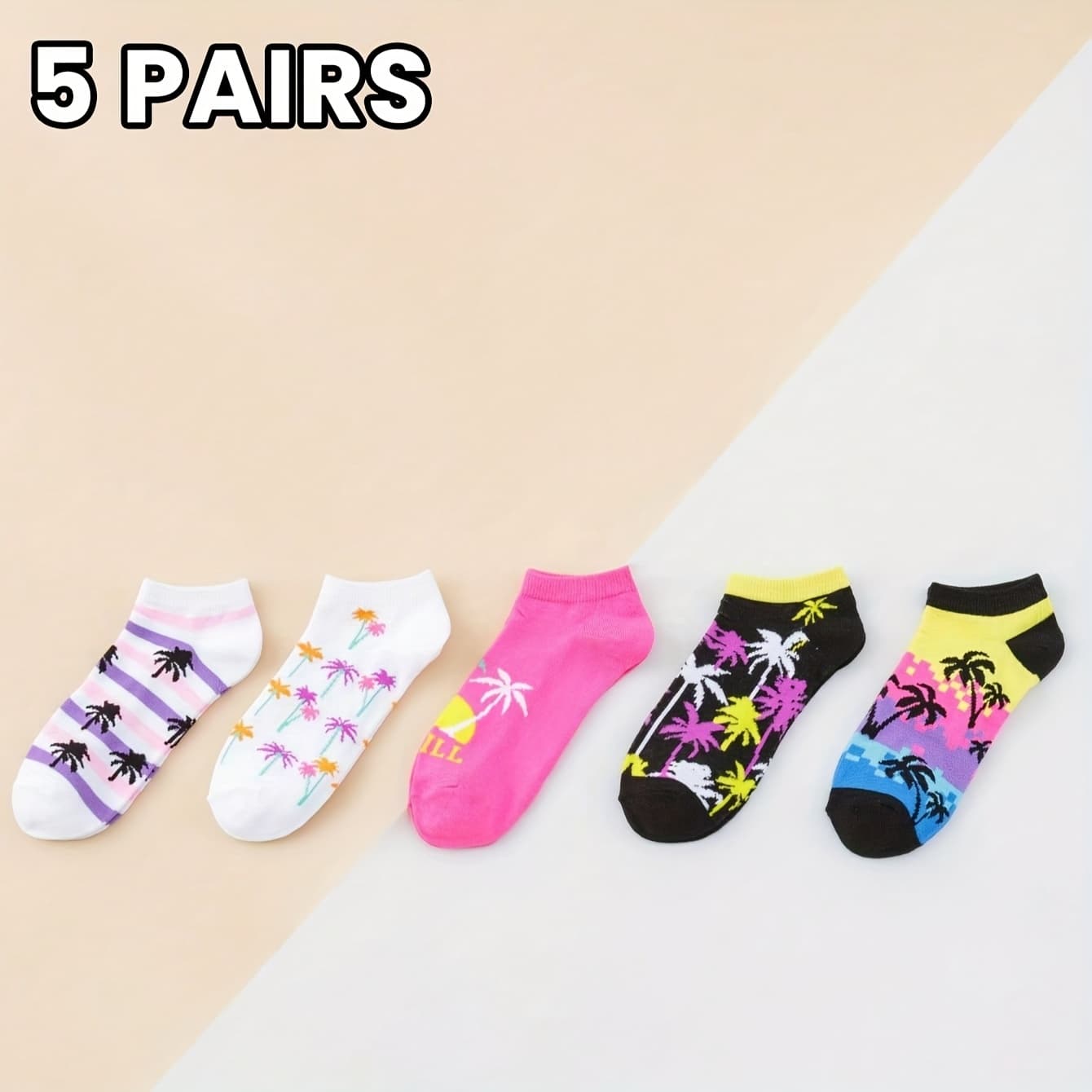 TEMU 5 Pairs Women's Socks Tropical Hawaiian Print No-show Breathable Gym Casual Socks Set For Travel/gift (summer)