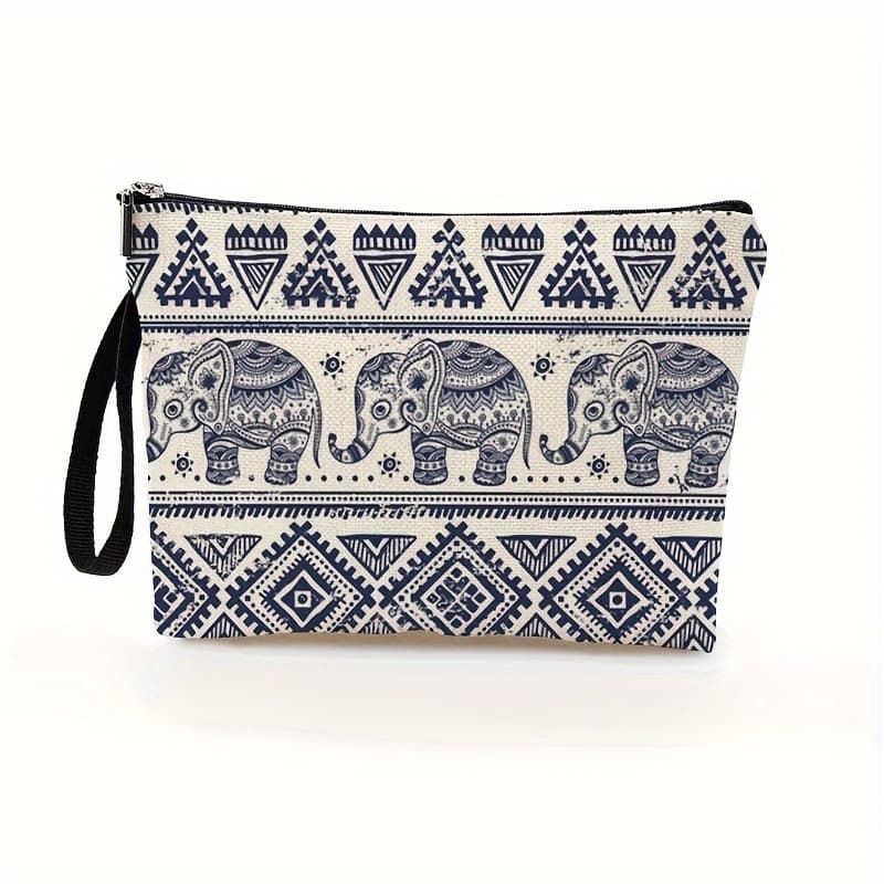 TEMU Chic Women's Makeup Bag With Elephant & - Polyester, Zippered Cosmetic Pouch For Travel & Use, Ideal Gift For Her, 6.7" X 9.9, Makeup Travel Bag