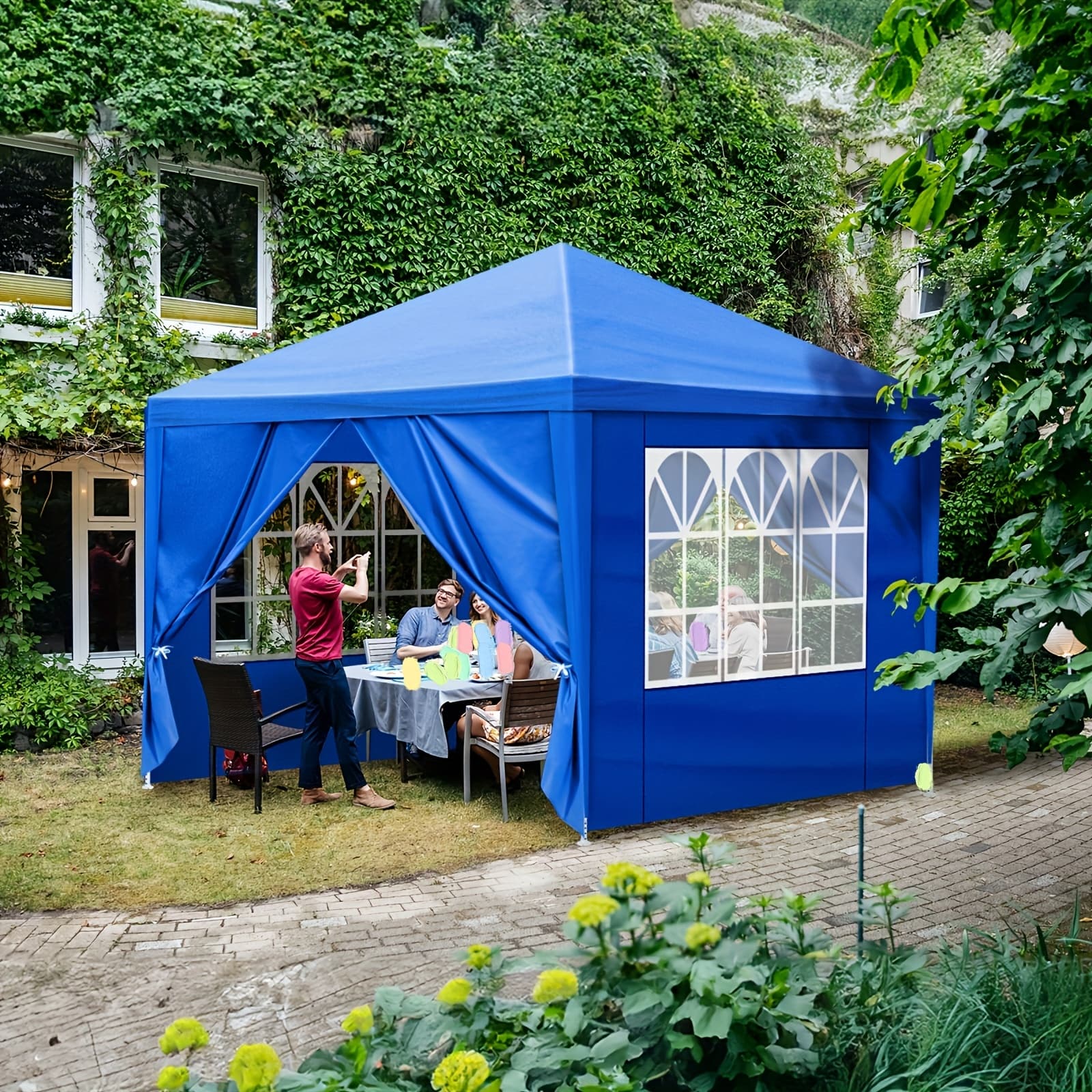 TEMU 10x10ft /blue (4/3/0 Sides) Pergola, Made Of Pe Fabric, Powder-coated Iron Pipe, Spiral Pipe, And Many Other Options . (do Not Use In Strong Or !!!)