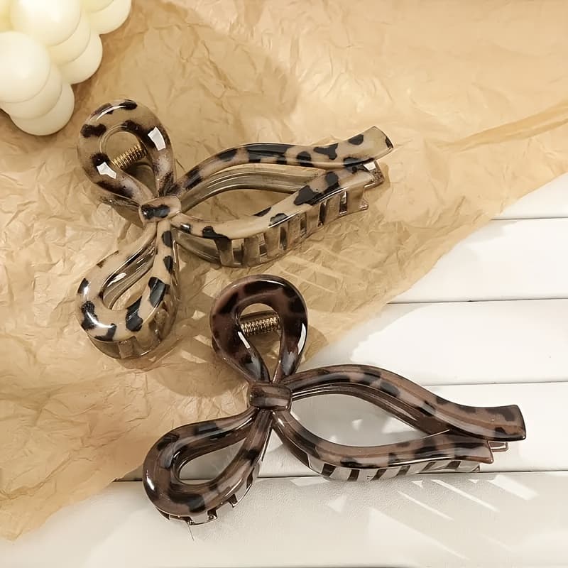 TEMU 2pcs Fashionable And Versatile Leopard Print Bow Clip, Women's High-end Feeling, Half Tied Hair, Large Shark Clip Hair Clip At The Back Of , Hair Accessory