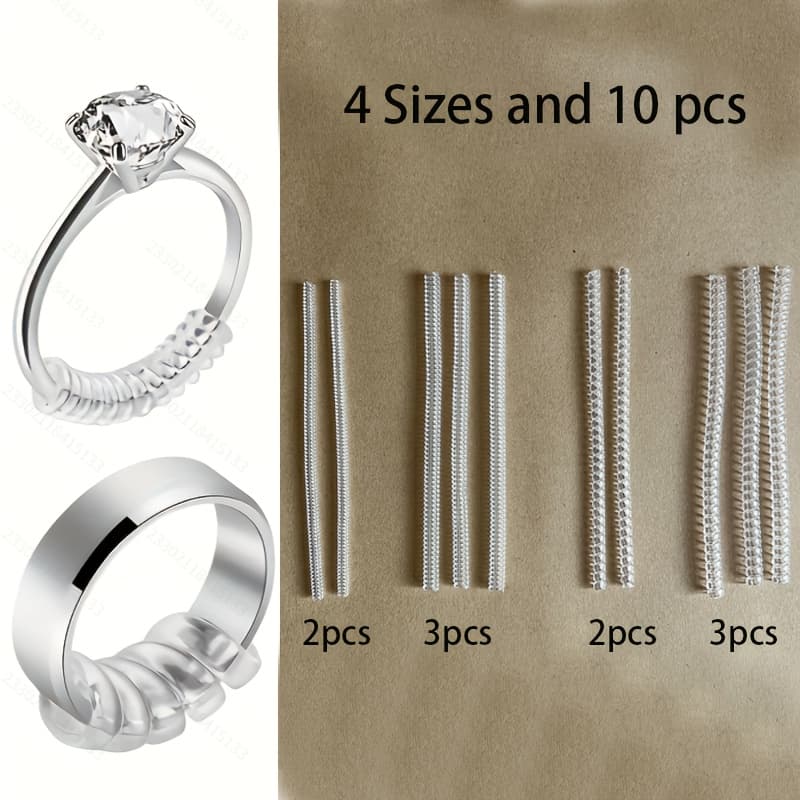 TEMU 10pcs Of Adjustable Ring Size Adjusters, In 4 Sizes, Instantly Tightens Loose Rings, Made Of Durable Plastic, Suitable For Men And Women
