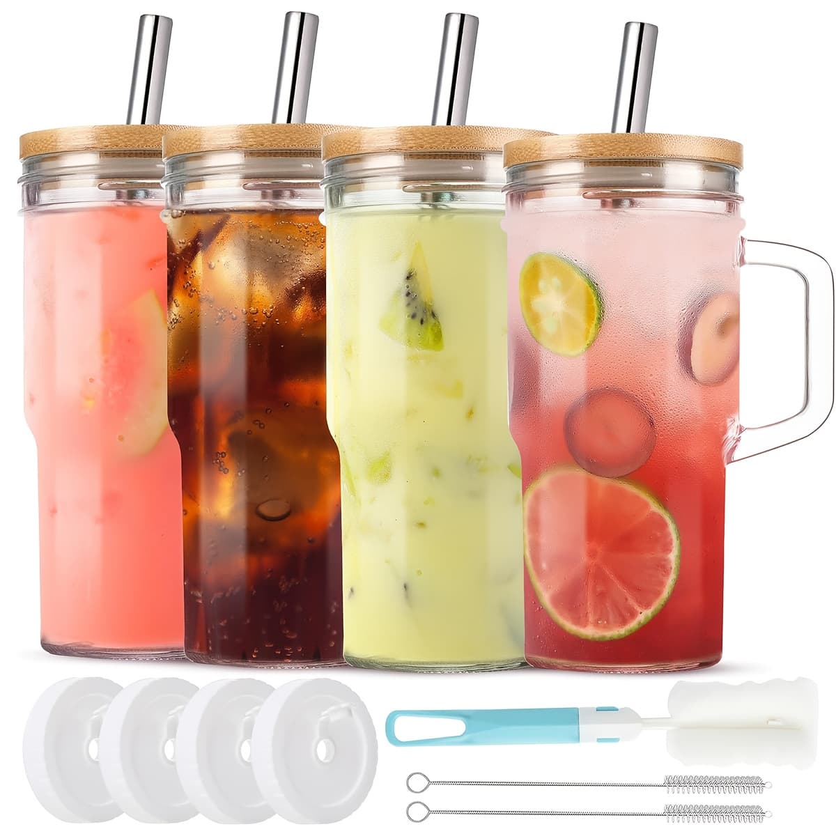 TEMU 2/4pcs Glass Cups With Lids And Straws, 24oz Car Drink Cups (with Handles) Straw Brushes, Cup Brushes Suitable For Iced , Christmas, Halloween, Gift Cups