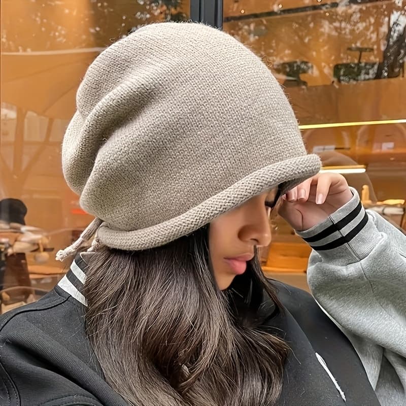 TEMU . Black, Gray, Khaki, Beige Women's Winter Hat, Couple Beanie, Elastic Band Loose , Solid Color Ear Protection Street Fashion Warm Hat
