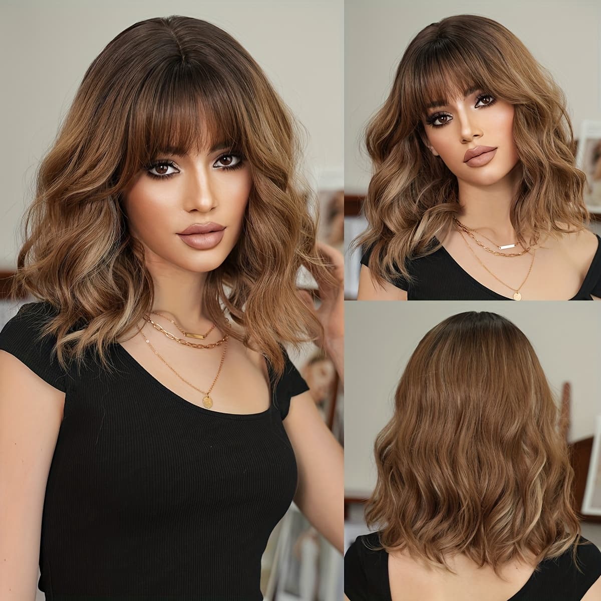 TEMU Routine Wigs Shoulder Length Loose Curly Ombre Brown Wig With Dark High Density Fluffy Synthetic Wig For Women Daily Party Use Heat Resistant 16.14 Inches