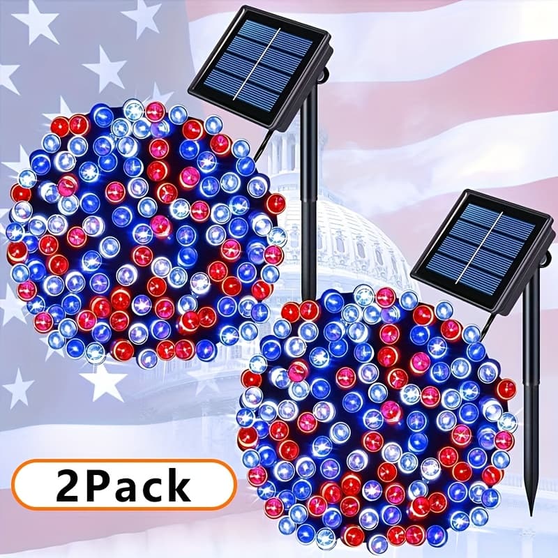 TEMU Day 1 Pack 2 Packs Optional Waterproof Solar 100led Light String, 8 Indoor And Outdoor Christmas Tree Wedding Party Bedroom Courtyard Decoration Ip65 Dark Green Line (red, Blue And White, 39 Ft