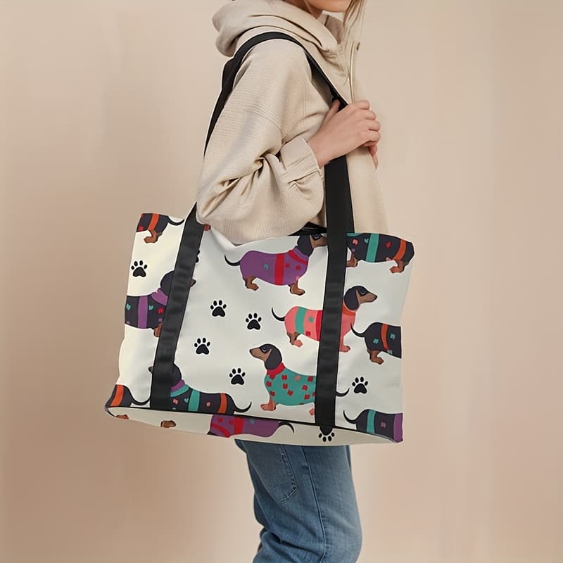 TEMU Large Capacity Cartoon Sausage Dog Travel Bag - Versatile For Gym, Yoga & Weekend Overnight, Durable Polyester, Printed, Luggage Organizer