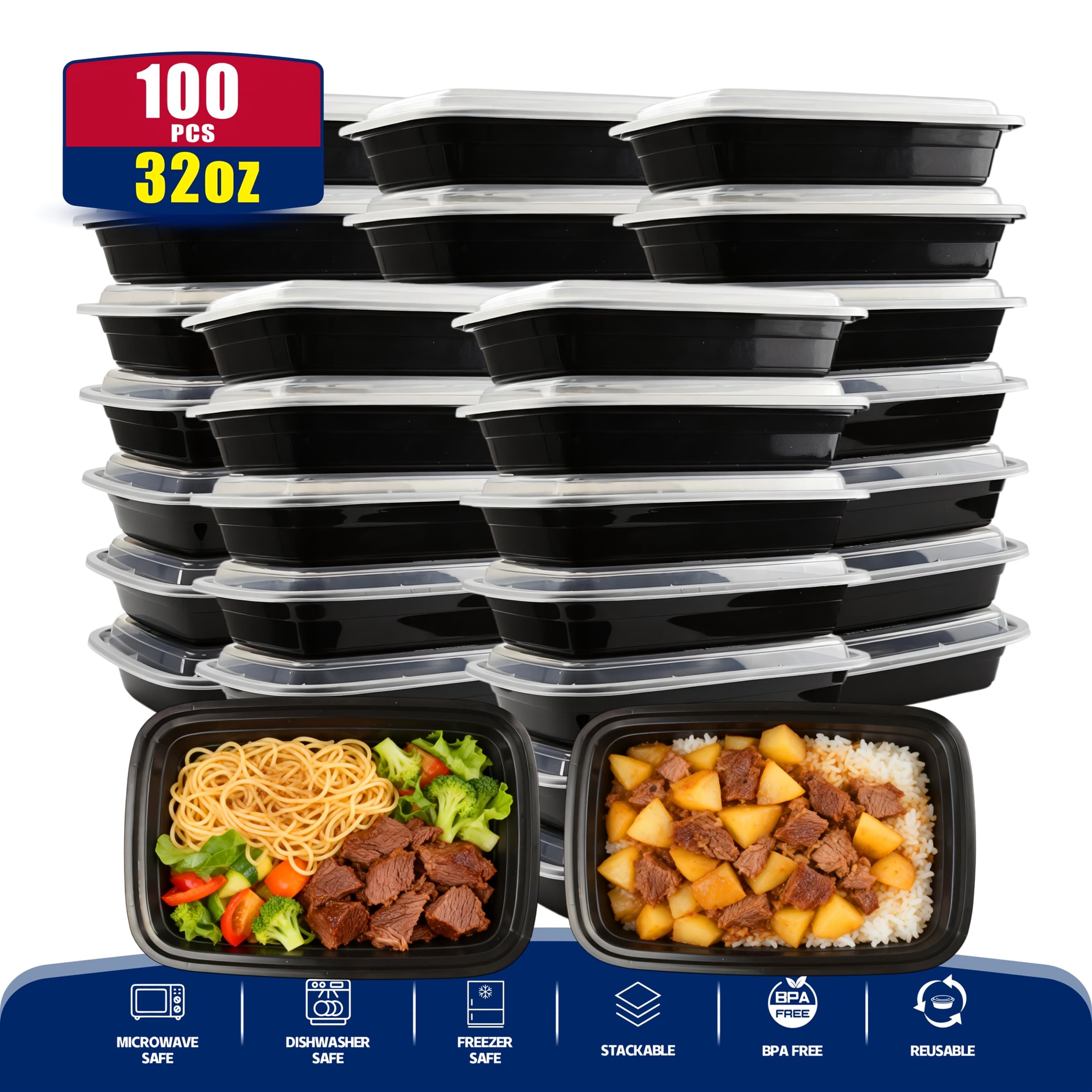 TEMU Set Of Rectangular Meal Prep Containers, Each Holding 32 Ounces, Featuring Lids. Extra-thick, Leakproof Food Storage Boxes Are Ideal For Restaurants, Kitchens, Takeout