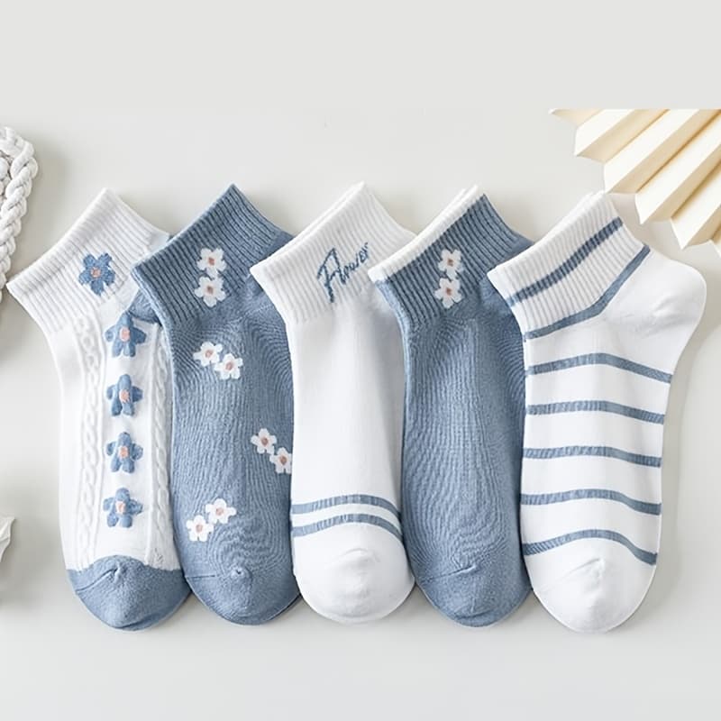 TEMU 5 Pairs Women's Floral Striped Socks - Breathable Short Ankle Socks With Striped & Patterns, Suitable For Casual, Office, Casual Attire - Elegant For Or Outfits