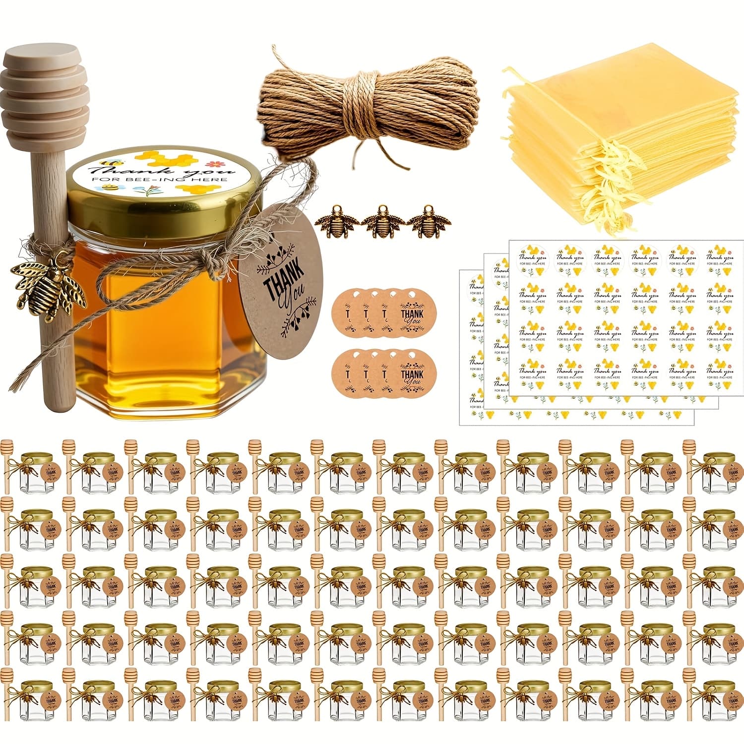 TEMU 1.5oz Mini Glass Hexagon Canning Jars With Golden Lid, Bee Charms Honeybee Pendant, Honey Sticks, Jute Tag String, Thank You Gift Tags, Baby Shower Party Wedding Favors