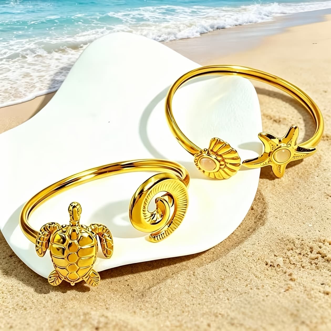 TEMU 2pcs Golden Stainless Steel Conch Turtle Starfish Scallop Shaped Bracelet Set Fashion Inlaid Natural Stone Open Bracelet