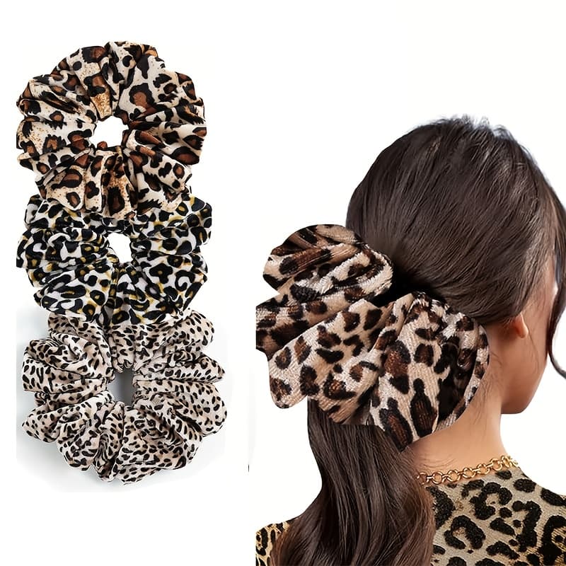 TEMU 3pcs Elegant Leopard Velvet Hair Ties - Large Size, Women And Hair Scrunchies - Vintage Style Ponytail Additions