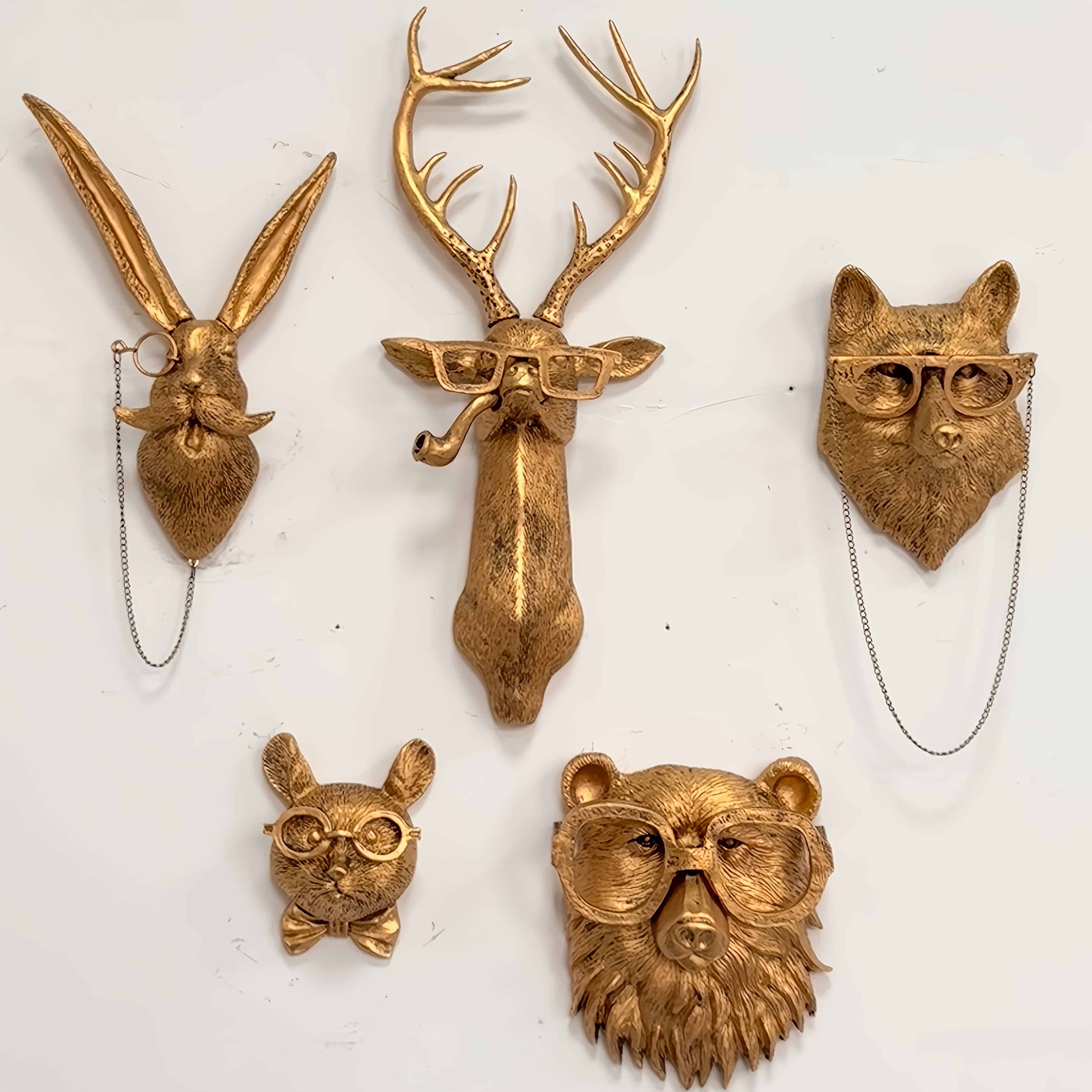 TEMU Resin Animal Wall Decoration Combination - Trendy Cross-border Indoor Wall Art Decoration 5pcs Set - Bear Head, Deer Head, Mouse Head, , Rabbit Head