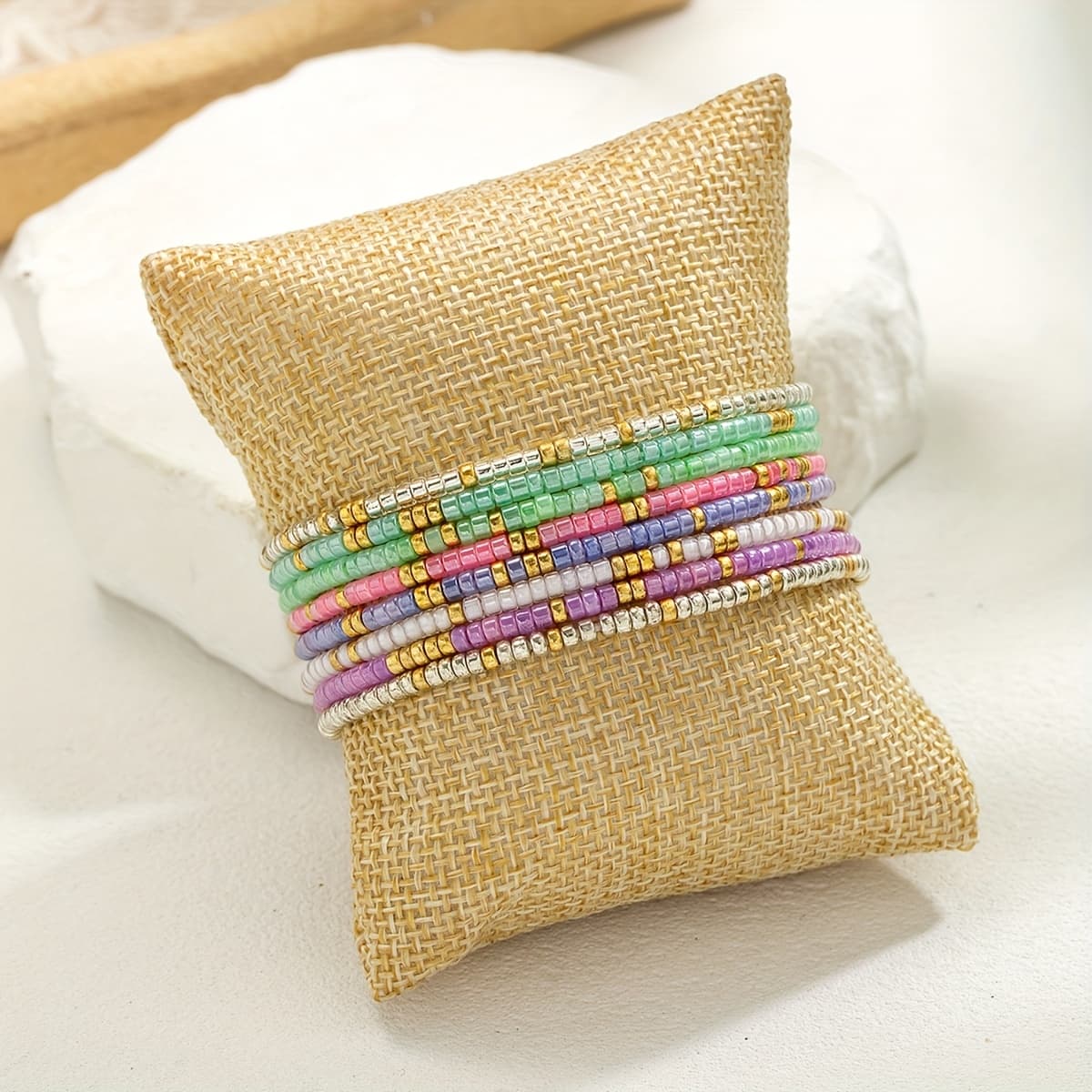 TEMU 8pcs Colorful Rice Bead Layered Bracelet Set, Unisex Spring/summer Simple Elastic Wristbands, Suitable For , Gift For