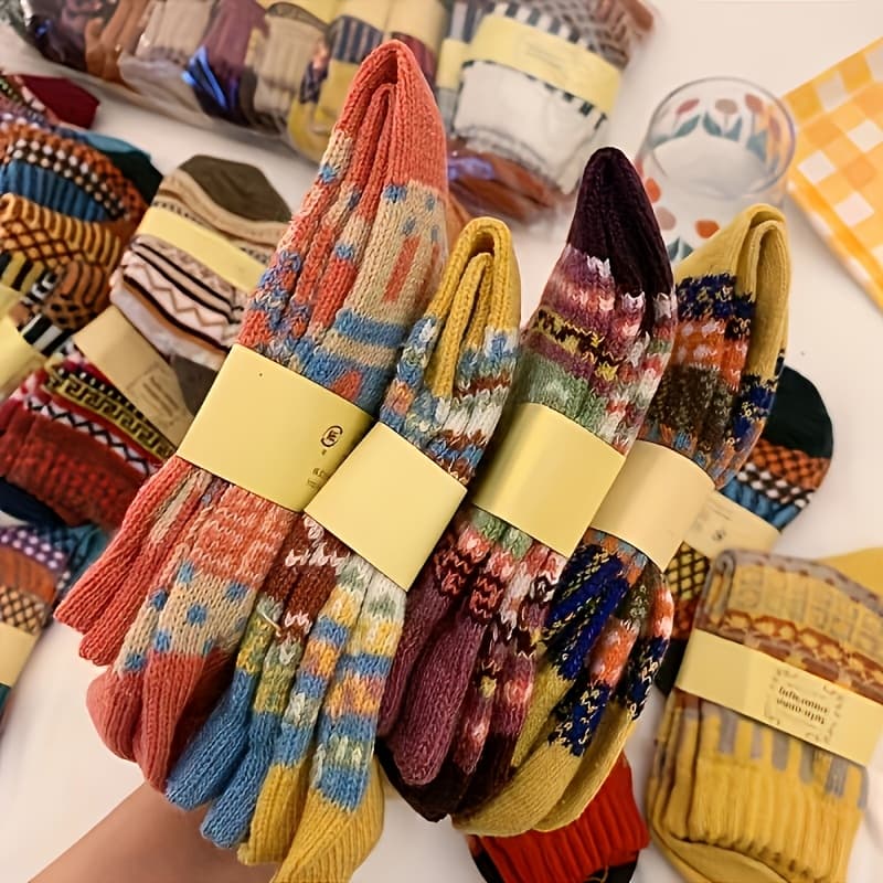 TEMU 5 Pairs Of Thickened Women's Winter Socks, Soft Texture, Comfortable And Warm, Bright Plaid Pattern, Suitable For Hiking And Skiing, Holiday Gifts, A Must For Winter Wear