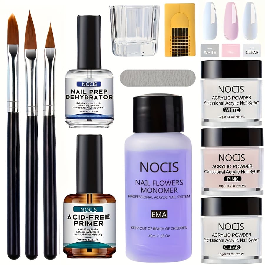 TEMU 1 Set Nocis Acrylic Nail Kit For Beginners - Diy Nail Extension, Includes 0. 33oz Clear, White, Pink Powder & Liquid, Nail Brushes, Unscented, Salon-quality Home Manicure Tools