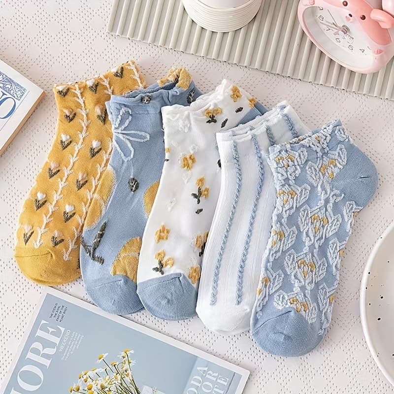 TEMU 5-pair Vintage Small Floral Print Women's Short Socks, , Spring/summer Thin Style, Japanese-inspired Fresh Ins-style Trend, Low-cut Boat Socks For Women