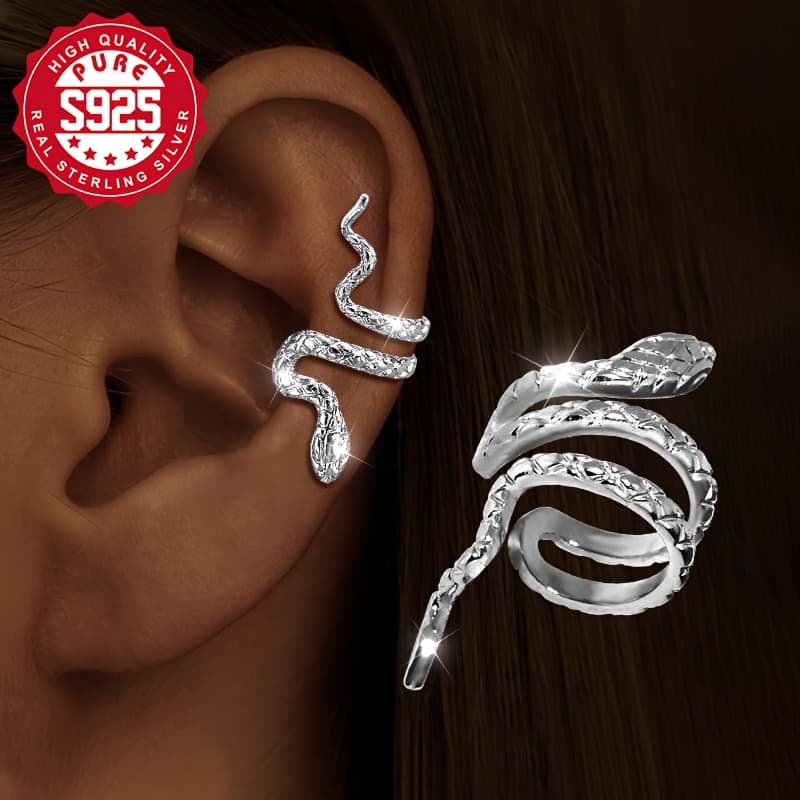 TEMU 1pc Vintage Snake Ear Clip, 925 Sterling Silver Plated, Small And Cute, Perfect For Parties, Festivals, And Daily Wear.