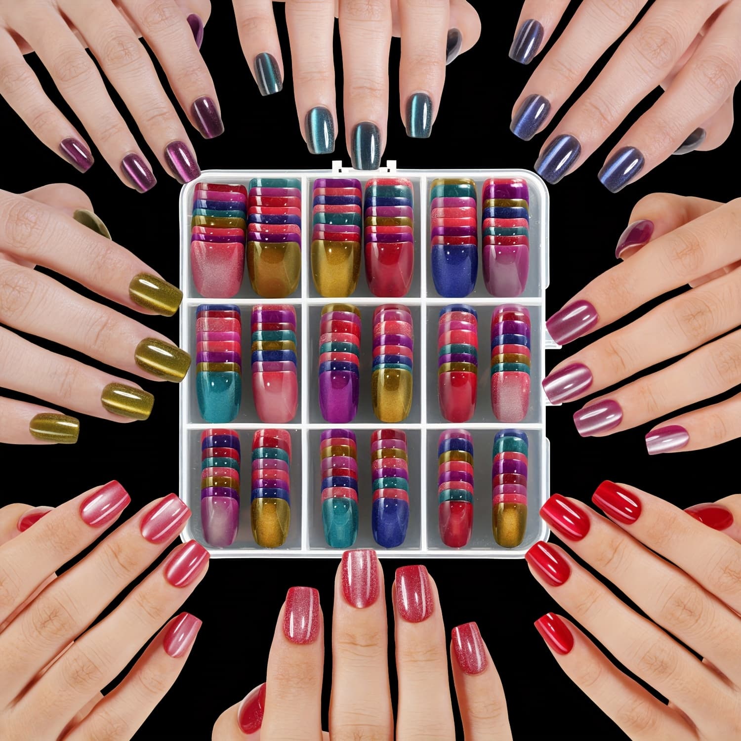 TEMU 240pcs/box Short Gel Cat Eye Press-on Nails, Color Shiny Cat , Full Coverage Removable Gel Nails, Suitable For Women' Casual Wear And False Nail Decoration