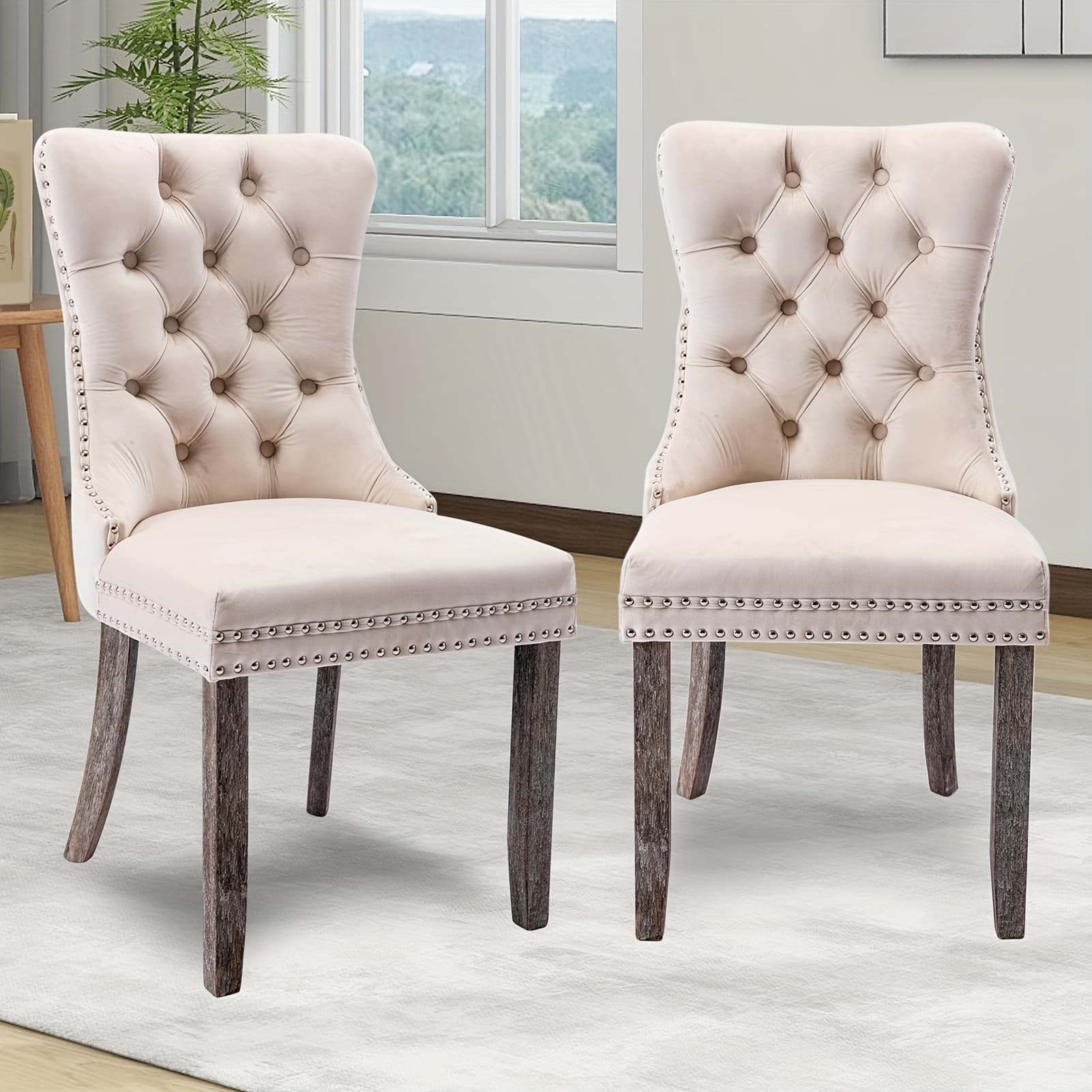 TEMU Velvet Upholstered Dining Chairs Set Of 2, Wingback Dining Room Chairs With Ring Pull Trim And Button Back, Luxury Tufted Dining Chair For Living Room, Bedroom, Kitchen