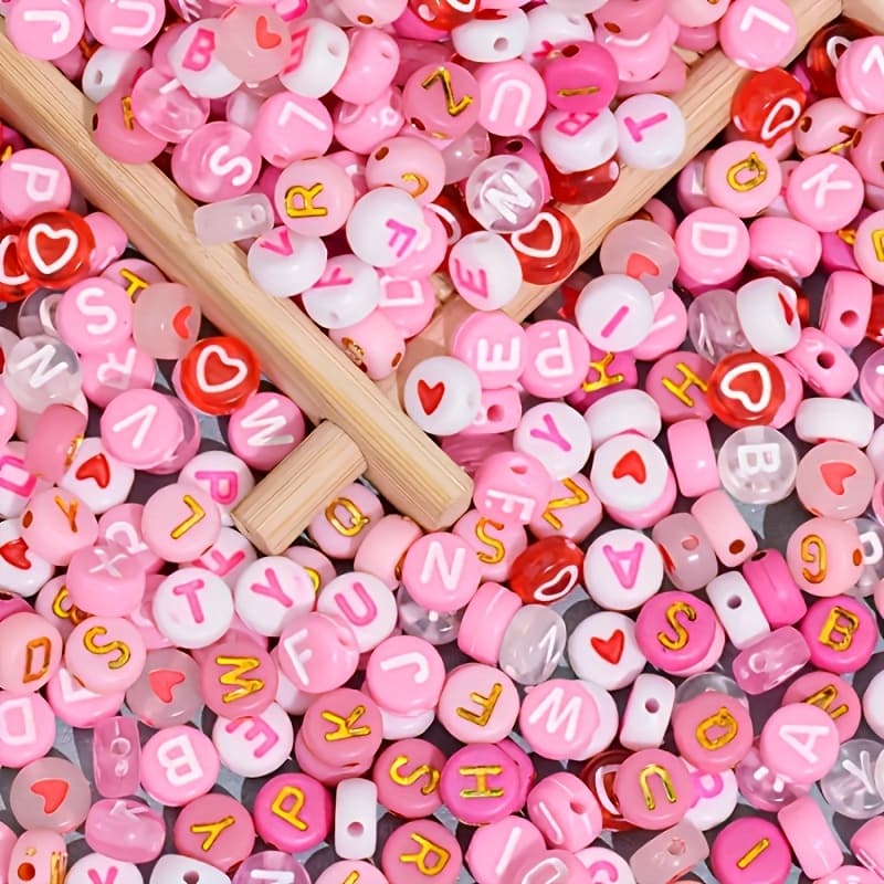 TEMU 200pcs Set, 4*7 Flat Round Pink And Red Beads, Heart-shaped Beads, Alphabet Beads Combo, Ideal For Valentine's Day Bracelets, Diy Bead Craft Supplies